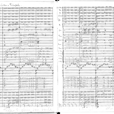 Two pages from the handwritten original orchestral score of 'Ode Triomphale' (Finale) by Augusta Holmès Two full pages of handwritten orchestral manuscript, 100 years old