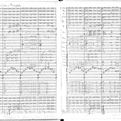 Two pages from the handwritten original orchestral score of 'Ode Triomphale' (Finale) by Augusta Holmès Two full pages of handwritten orchestral manuscript, 100 years old